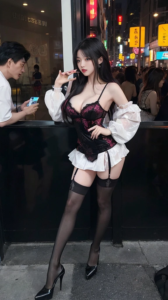  (high quality), (SFW), (vertical split screen:1.6), (Various scans:1.5),  (A middle-aged Korean man enjoying a smartphone chat app with a young, gorgeous Korean prostitute.. : 1.6), (A man is looking at his smartphone and enjoying chatting with a woman from a distance.:1.4), (The prostitute has her colorfully dyed hair pulled to one side and pretty face makeup... : 1.4), (She is a prostitute wearing a feminine dress, Stockings and sticky high heels that seduce men.:1.3), her instagram feed, her daily life, her account, Her smartphone screen shows her followers and numerous perverted Korean men chatting with her.., Chat language is English., The man is waiting for her answer, Each pop-up window is displayed..., chat history, Online Profiles and Photos, And the man asks her to chat on the smartphone screen.... He and she take turns messaging on a chat app..., her time is night,