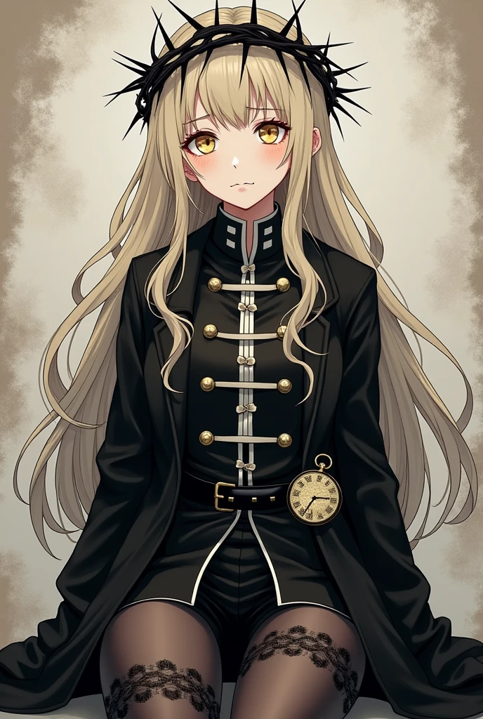 Make a manga style image of a girl who looks mysterious and tired, It will be a girl with light blonde hair, long and slightly wavy, that has a black crown of thorns on his head (like that of Christ), His eyes are yellow, He has a shirt similar to the one a real soldier would wear (black color and white details) On this one he has an antique watch on the lower left side of his shirt, Also, he should wear a black jacket that is integrated with his shirt., She will have black tights with floral lace and high black boots.