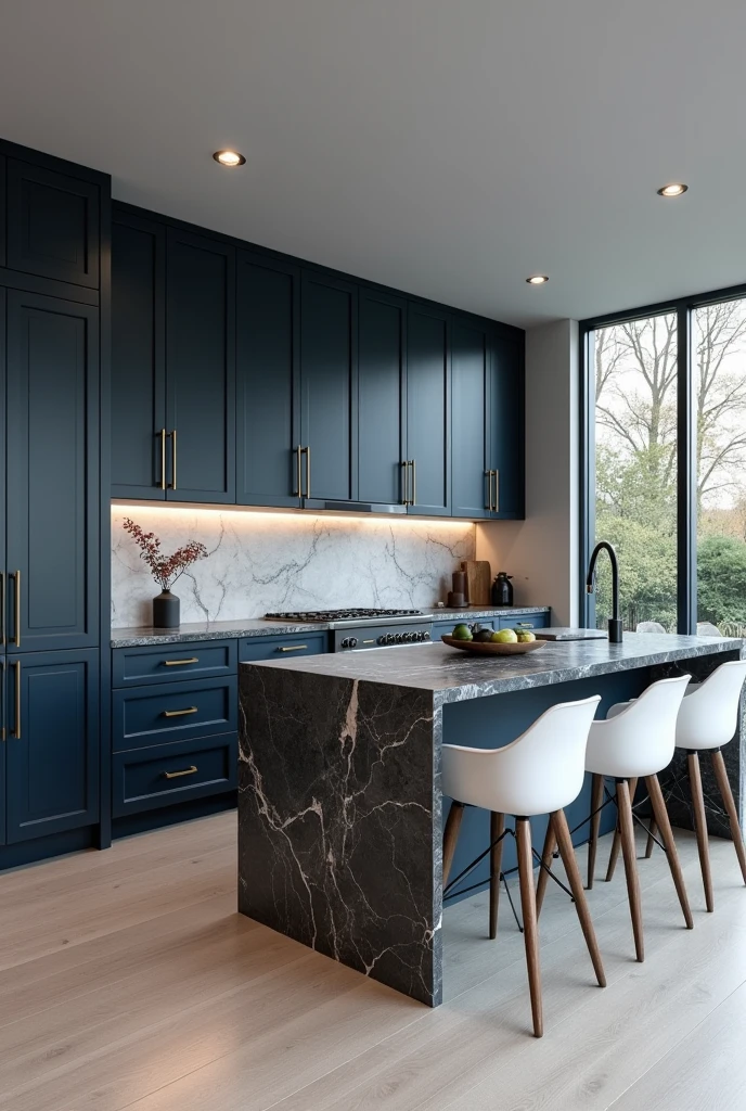 Professional 3d architecture rendering design of modern and minimal kitchen with dark vintage blue cabinets and modern windows and dark gray marble slab stone island and white modern chairs