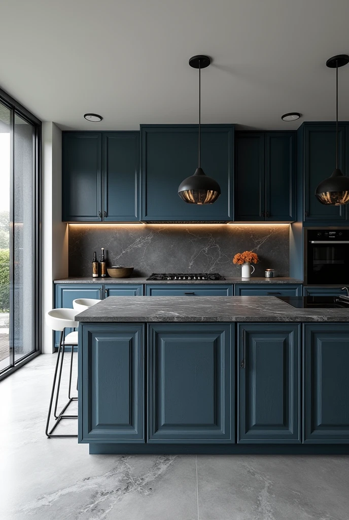 Professional 3d architecture rendering design of modern and minimal kitchen with dark vintage blue cabinets and modern windows and dark gray marble slab stone island and white modern chairs