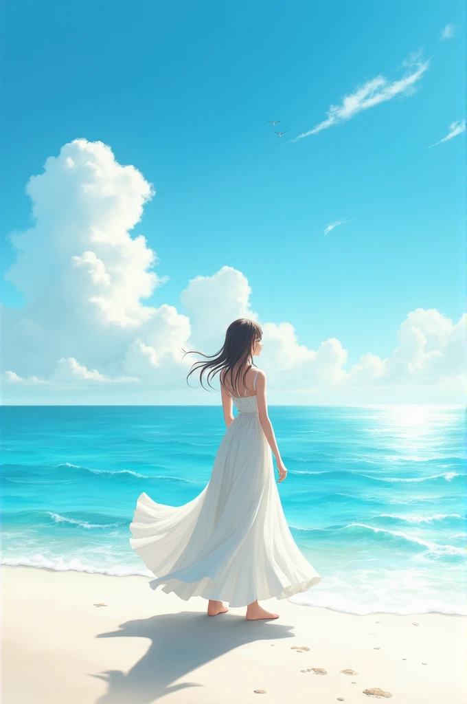 Lady in long skirt facing beach at sunny day