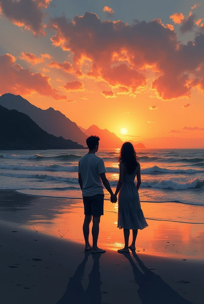 Make an easy drawing for 10th grade of a couple watching the sunset together in a beach, make the couple and the mountains color black