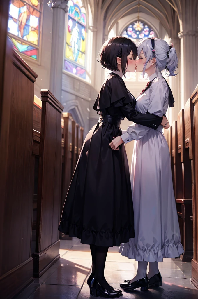 (masterpiece), 4K,{{{2 women}}}, Sister,Lesbian,shoes,,Random Hairstyles,kiss,((Lesbian kiss )),Shooting from afar,church, Wimple