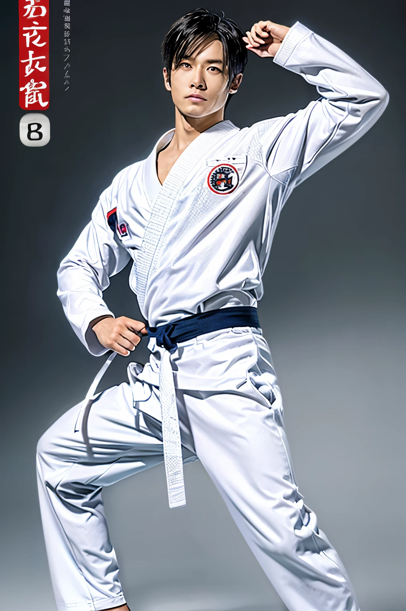 photograph, good looking, Full-body poster of a man with an attractive, calm expression、8k resolution, short hair, logic, Long legs, logicの足,, barefoot, 詳細なlogicの体格, (masterpiece, Highest quality, Highest quality), Raise your fist, Spread your arms wide, Large and dynamic movements, photographのようにリアルな描写,20-year-old, Tight waist, White karate uniform, Karate Belt, White karate pants, Accurate depiction of details, Perfect skeleton, Look straight at your audience, Sharp eyes