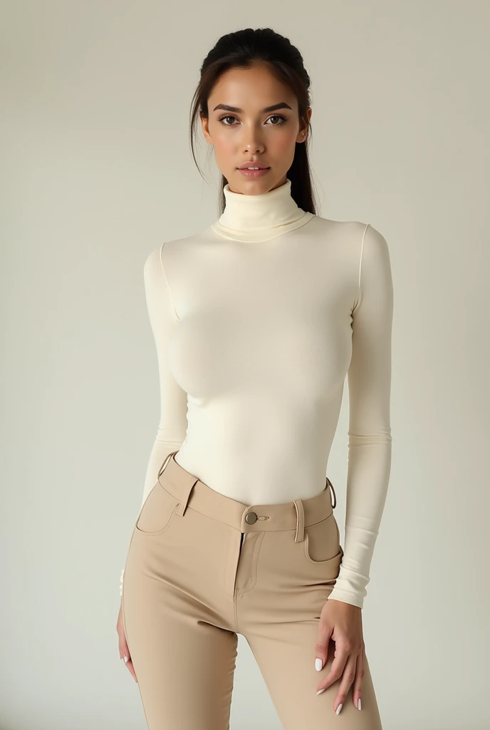 isang babaeng nakasuot ng turtle neck longsleeve na may malaking dibdib na nakatayo lang ng diretso, nakaharap at may tali ang buhok, sexy at maputi at cream kulay ng turtle neck, maayos dapat ang buhok at walang lugay, nakapantalon pero hindi naka-tuck in ang turtle neck, okay na pero dapat nakaharap sya at walang nakaladlad na buhok