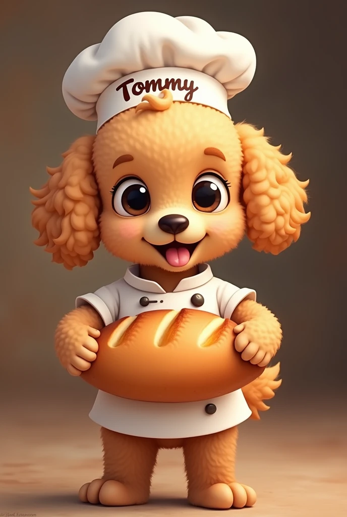 Beige and brown poodle breed puppy, with lock,black eyes,with chef uniform,with name Tommy on the cap,offering a large loaf of bread, looking straight ahead, all in cartoon style with a blurred brown background