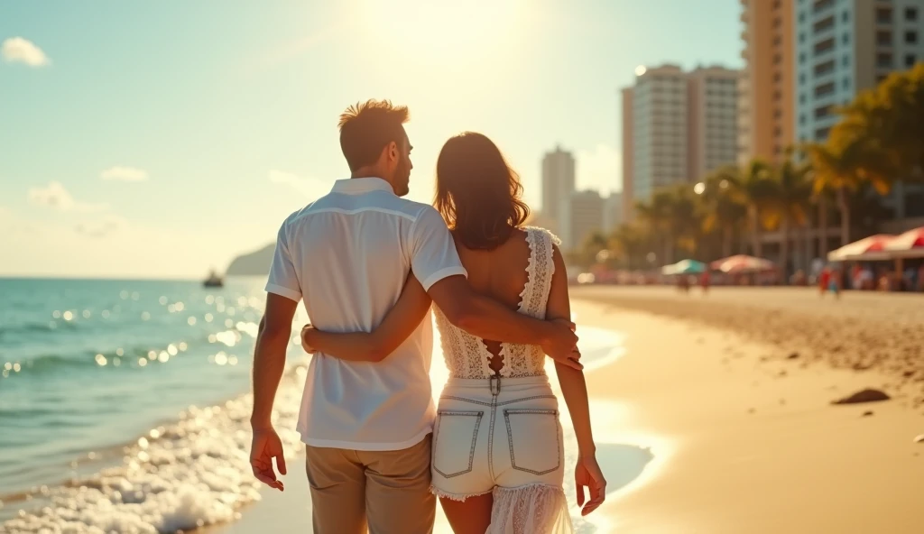 A married couple walks along Copacabana Beach in sunny weather, hugging each other with their backs to the camera, full body