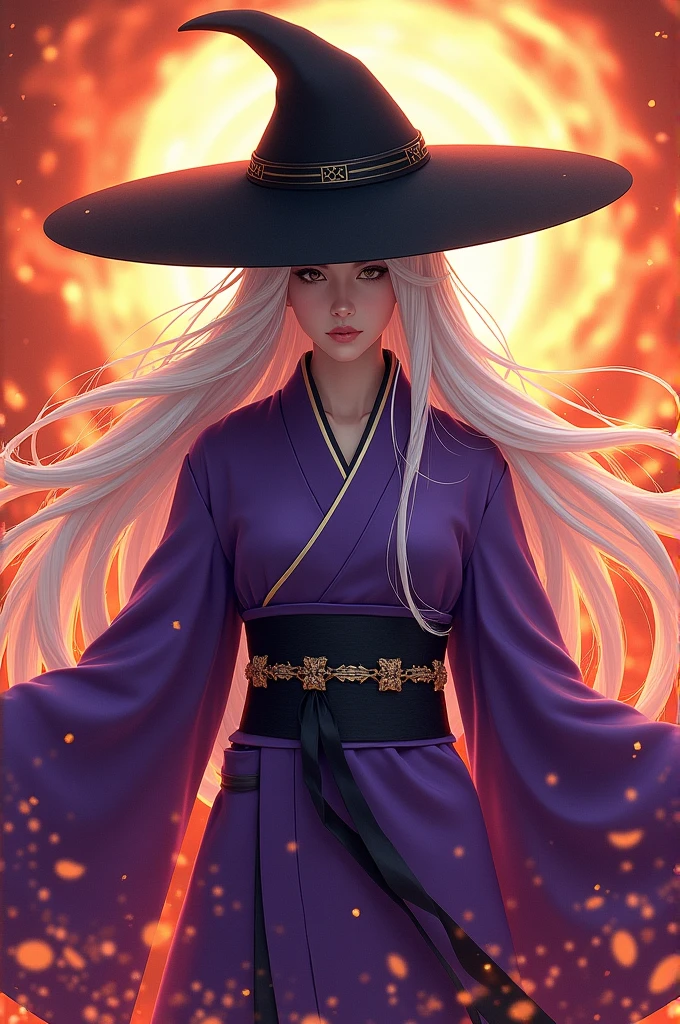 A guy with phoenix powers with a black hat, a purple kimono and white hair