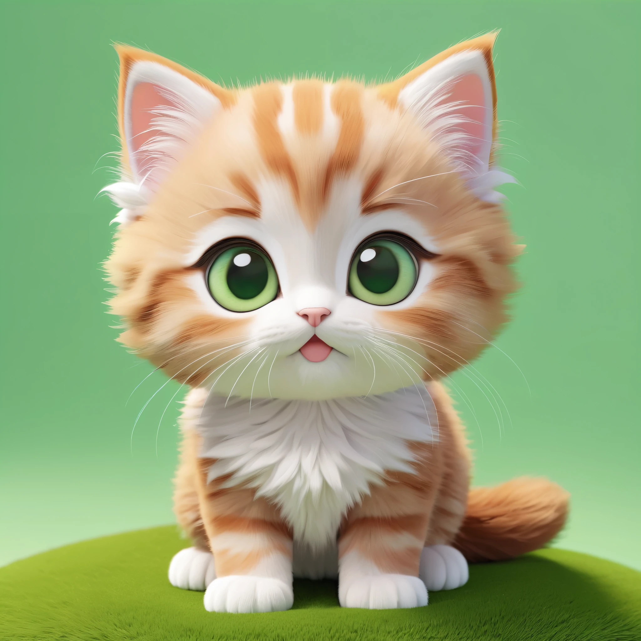 3d, Simple and cute, with gentle colors like a picture book , 8k, Highest quality,cute,Big anime eyes,Soft cute kitten,mascot,Pastel colored interior,Moss green eyes,Brown fur,Green Screen Background