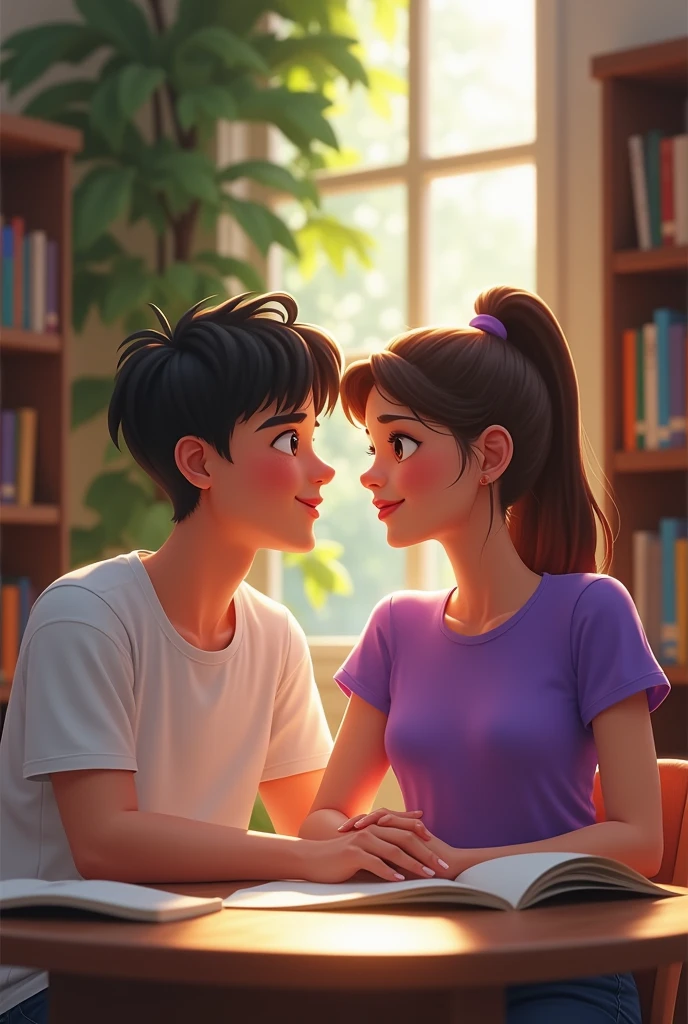 Create a boy and girl looking at eachother with smile. Seating in college library. Girl wears purple tshirt. Boy wears white tshirt. Create realistic.