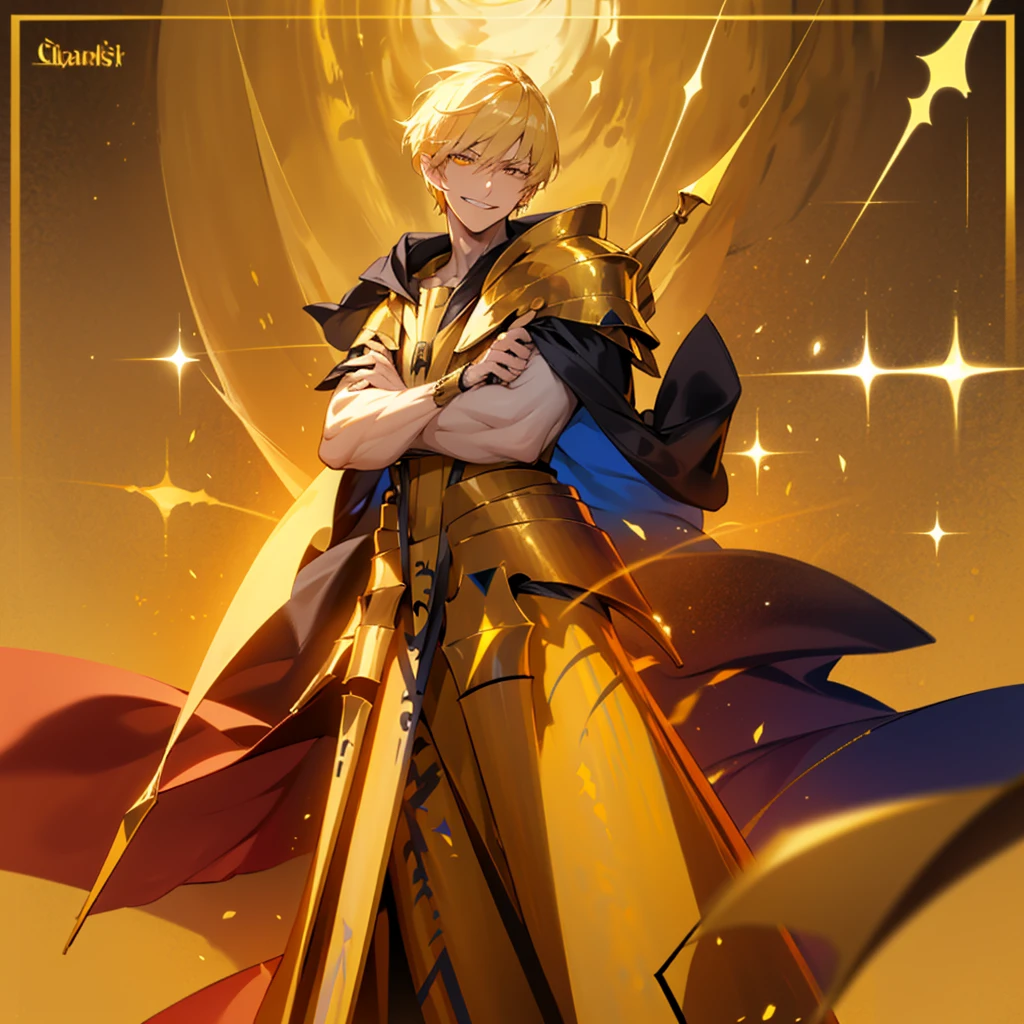 elf, man, male, intelligent, grinning, arms crossed, standing, very short hair, short hair, blonde, golden eyes, slant eyes, sanpaku, pale skin, toned body, gold background, outside, on the salt flat, fantasy, beautiful, coat, straight hair, gilgamesh, pointy ears, golden eyes