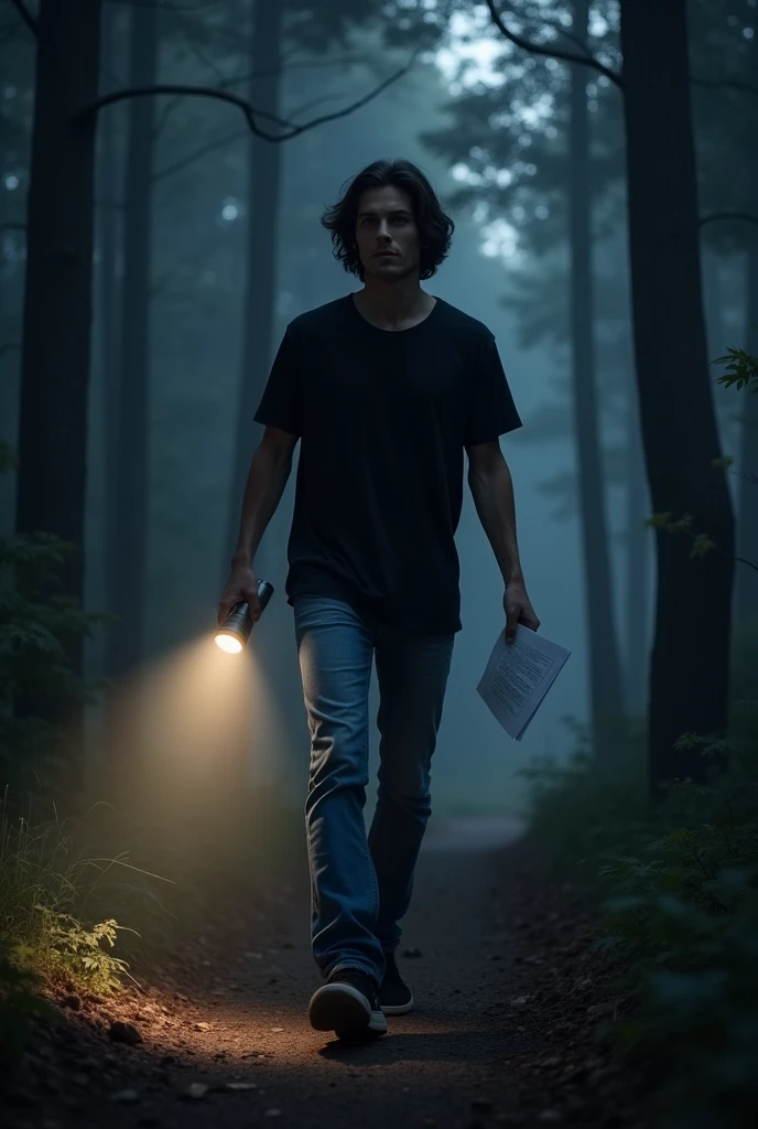 Young Caucasian man, medium black hair, looking left, black shirt, blue jeans, black sneakers, holding a sheet of paper in his right hand, lit flashlight in his left hand, WALKING THROUGH THE DARK FOREST, evening.