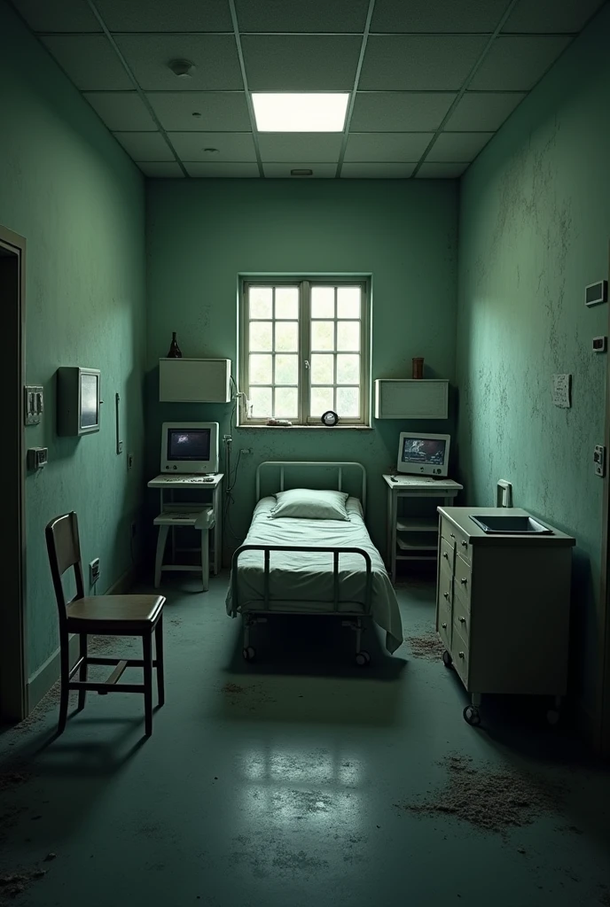 "A simple, poorly equipped hospital room with an old bed and minimal medical equipment. The room should look dimly lit, with a sense of neglect and lack of proper medical care."