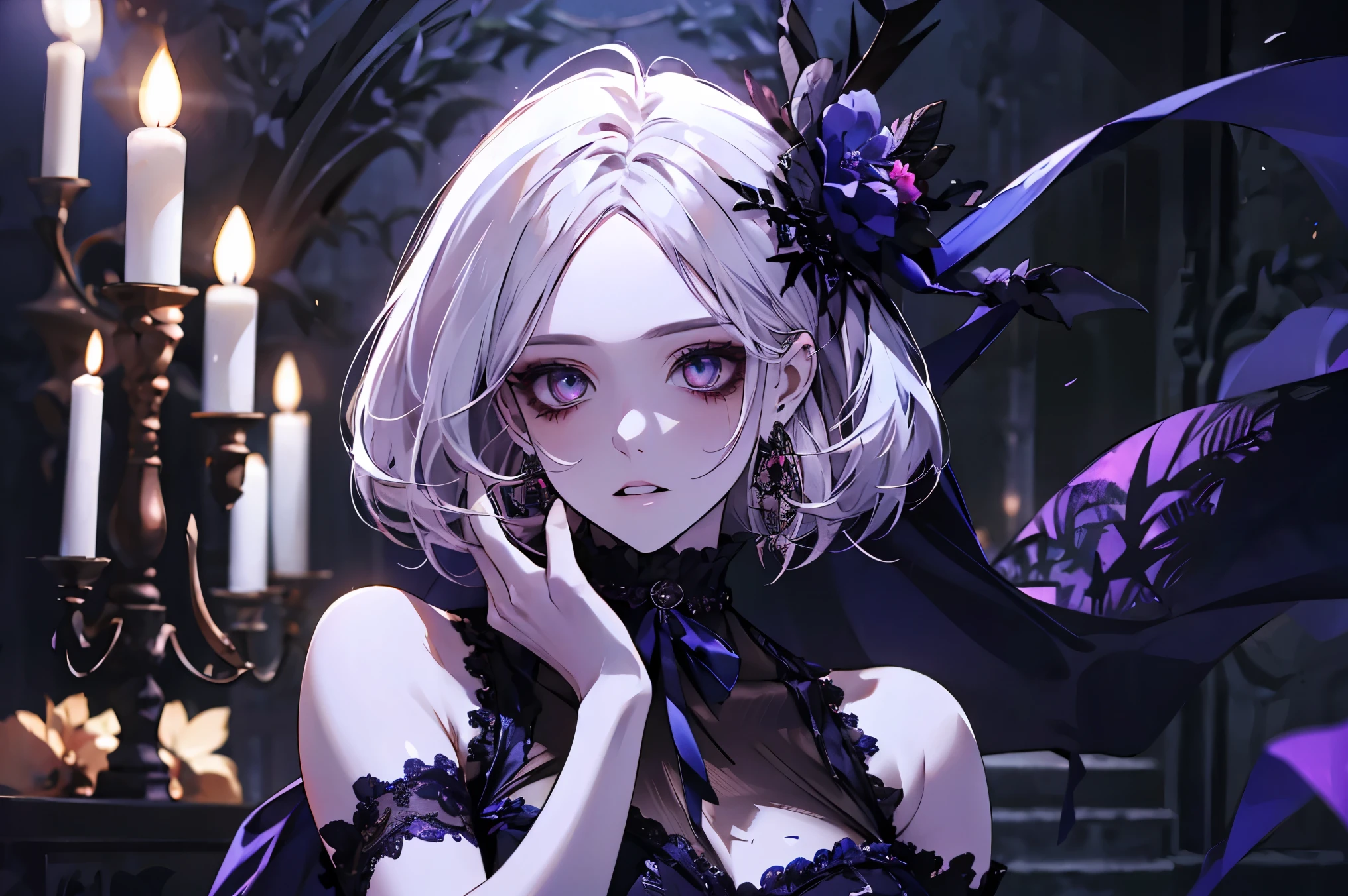 ((masterpiece)), ((best quality)), perfect detailed eyes, perfect detailed face, white hair, medium hair, forehead jewel, hollow eyes, hoop earrings, big ribbon, makeup, turn pale, white skin, shaded, Baroque, cinematic lighting, high quality, accurate, 8k, Vampire, gothic lolita style dress, dark blue dress, bats in the background, dark fantasy, horror, Candlelight on a dark night, old castle, abandoned castle, spider web in the background