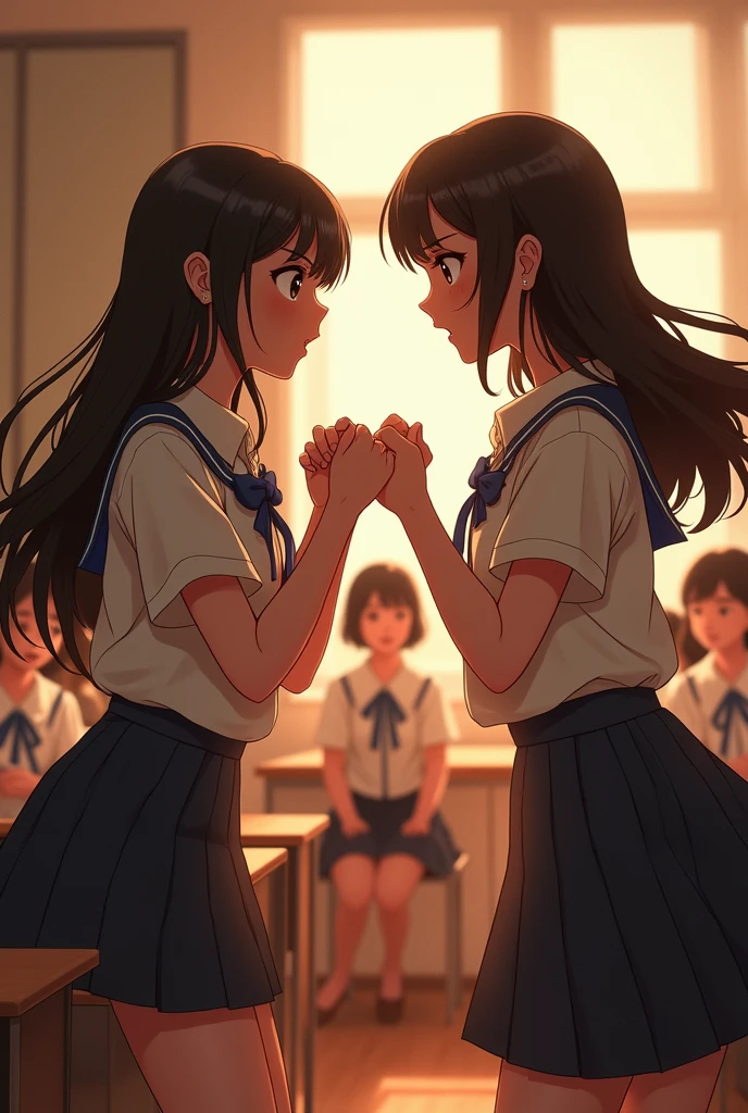 (photorealism:1.2), 2 girls starting fight jealousy in a class wearing school uniform , one is front bangs cut long hair & the other is no bangs & attitude, , soft lighting, students in background, window with sunlight, cozy classroom, clashing pose, realistic, intricate details, warm colors, by Greg Rutkowski, by Alphonse Mucha chinese student age 19
