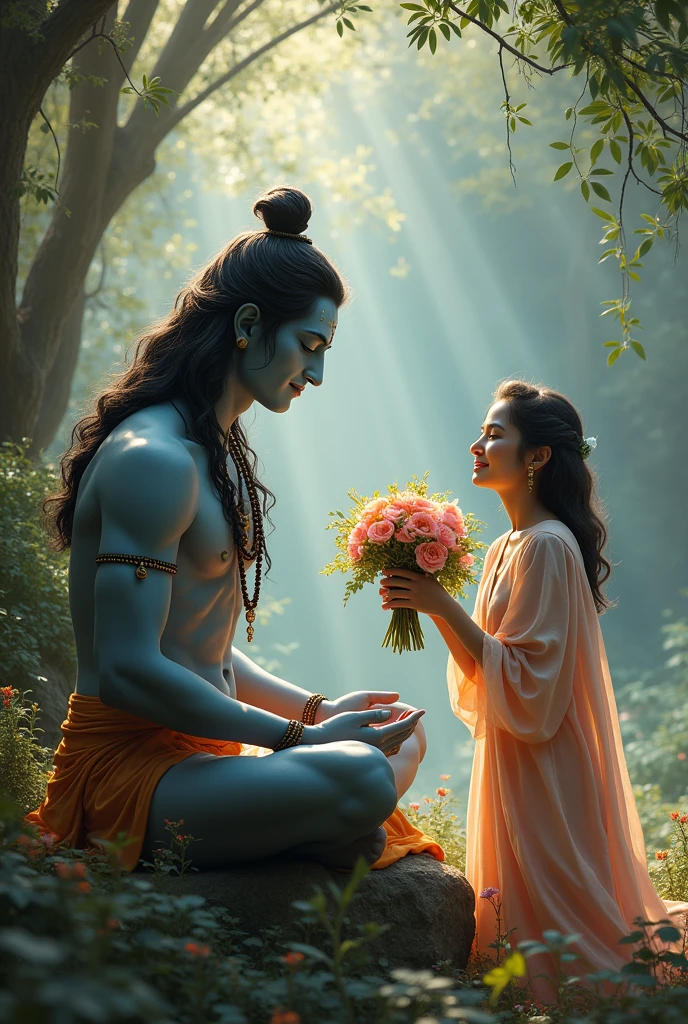 ভগবান মহাদেব ধ্যান করছে এবং তার সামনে একটি মেয়ে তার জন্য হাতে ফুল নিয়ে খুশি মনে দাড়িয়ে আছে। এরকম একটি অসাধারণ ছবি তৈরি করো।