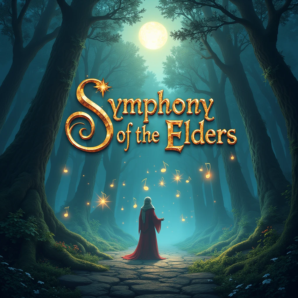 A fantasy concert poster with the text "Symphony of the Elders" in a mystical font. The background is an ancient, enchanted forest with magical instruments floating in mid-air, glowing softly under a moonlit sky.
