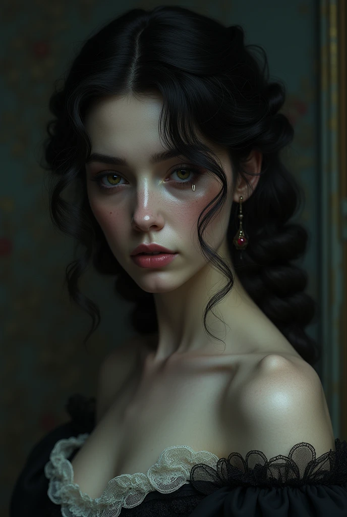 a victorian woman with a sad face.