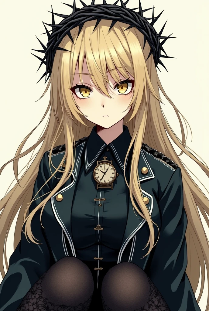 Make a manga style image of a girl who looks mysterious and serious, It will be a girl with light blonde hair, long and slightly wavy, that has a black crown of thorns on his head (like that of Christ), His eyes are yellow, He has a shirt similar to the one a real soldier would wear (black color and white details) On this one he has an antique watch on the lower left side of his shirt, Also, he should wear a black jacket that is integrated with his shirt., She will have black tights with floral lace and high black boots.