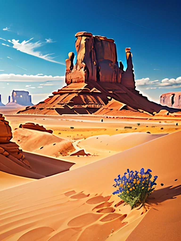 a close up of a flower growing in the sand near a rock, a matte painting by Carl Rahl, shutterstock contest winner, romanticism, desert flowers, serene desert setting, australian wildflowers, monument valley, gigantic pillars and flowers, beautiful setting, style of monument valley, arizona desert, desert scenery, flowers in foreground, harmony of desert, gorgeous scenery