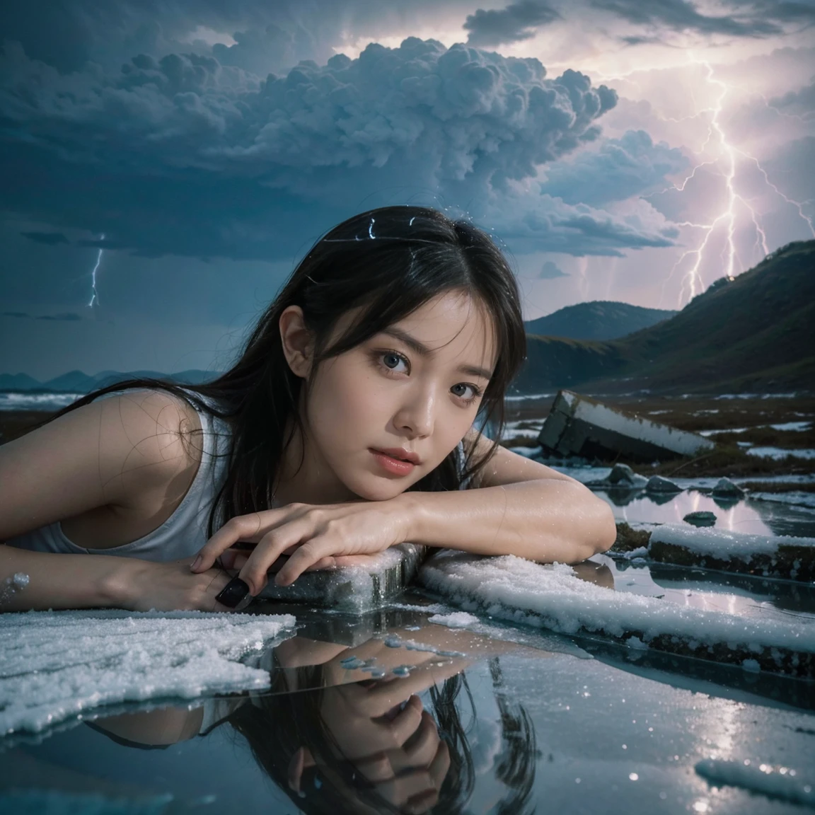 ((Top Quality)), ((Masterpiece)), ((Details)), upper body, ((close-up: 1.4)), More Saturation, strong reflections, bright shade, Place the girl in the foreground at large, Ice - ((Ruins)) - ((Lightning)) - Girl, A desolate, icy landscape with ruins scattered across the terrain. A young girl stands alone, her figure small against the vast backdrop, as a powerful lightning bolt strikes the ground, illuminating the scene with a cold, electric light.