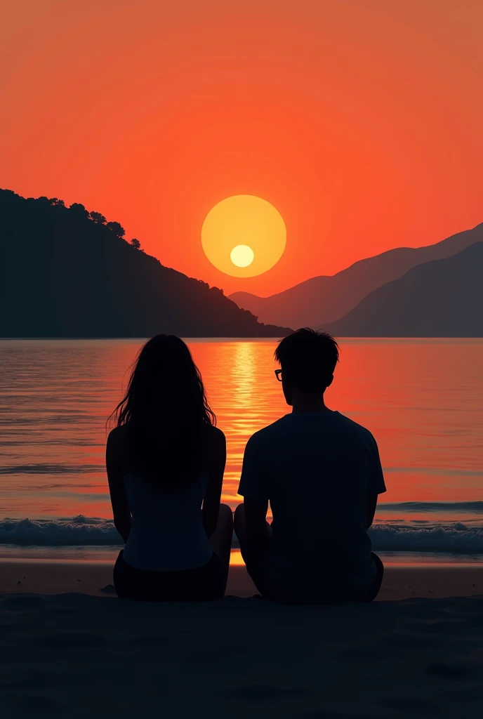 Make an easy drawing for 10th grade of a couple seating and watching the sunset together in a beach, make the couple and the mountains color black