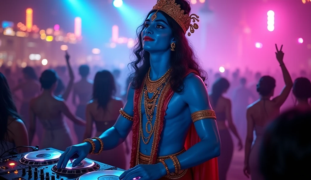 Create a haiper realistic image: create lord krishna playing with his dj gadget in a club in neon light and  people are enjoying in his music