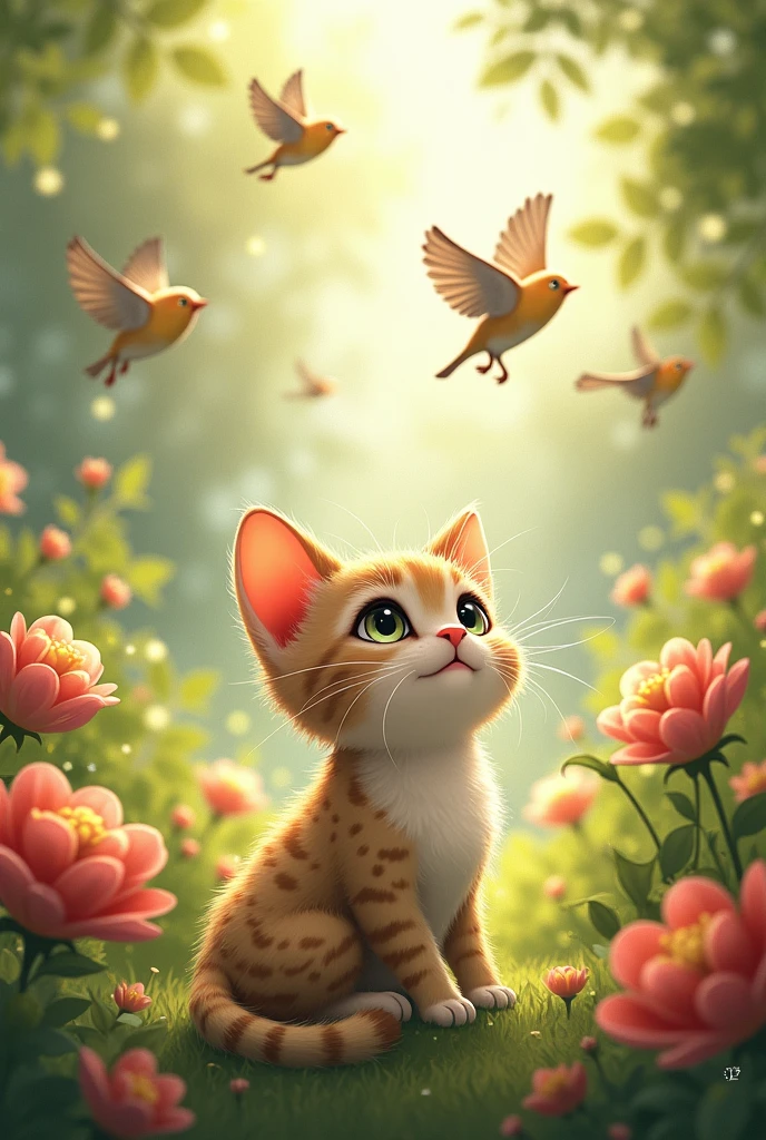 Every day, Whiskers (a kitten) would watch the birds flutter by and dream of exploring the world beyond the garden.