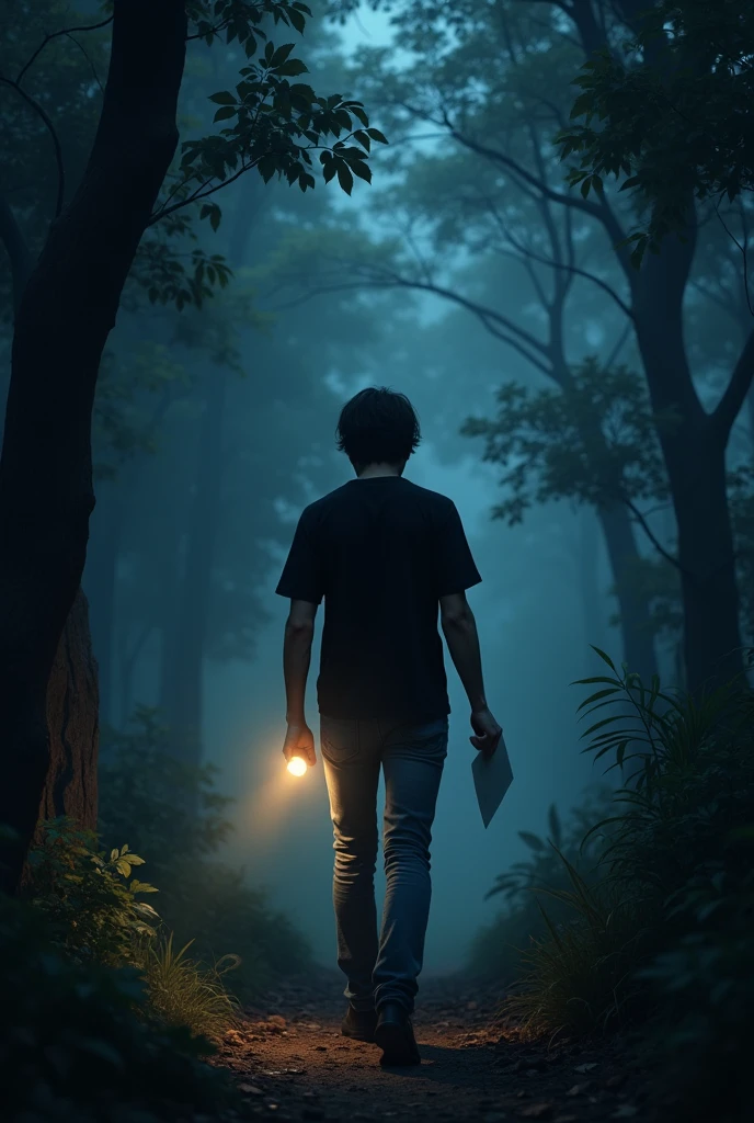 Young Caucasian man, medium black hair, looking left, black shirt, blue jeans, black sneakers, holding a sheet of paper in his right hand, lit flashlight in his left hand, WALKING THROUGH THE DARK FOREST.
