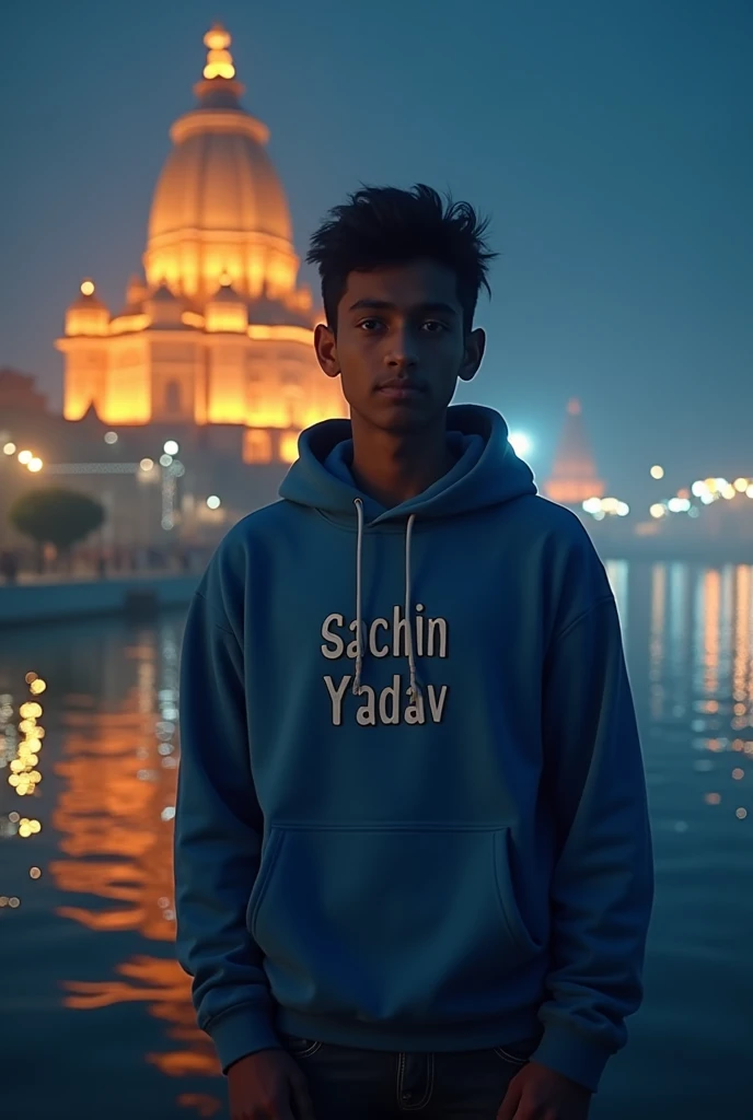 A adult boy standing on bank of Ganga river in Banaras at night time behind it beautiful temple and light the boy wearing a blue hoodie writen with sachin yadav 