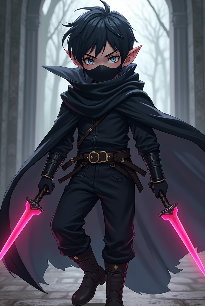 dnd, dungeons and dragons, lightfoot halfling, rogue, short, little person, tiny adult, round human ears, assassin, ninja, stealth, sneaky, mask, covered mouth, psychic, solo, single person, pale white skin, short wavy black hair, light grey eyes, handsome, male, skinny, anime, black leather armor, black cloak, mask covering nose and mouth, short pink ethereal knives in both hands, magic, ((masterpiece, best quality)), trending artwork