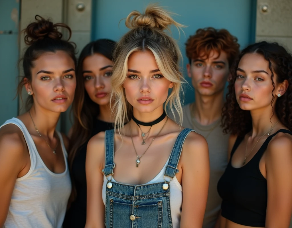 Photo of a teenage girl in skater fashion and her male and female friends. Everyone is wearing a tank top. It's a cool and stylish image.