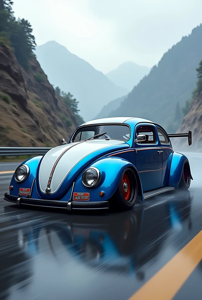 Blue and white Volkswagen Beetle with racing wheels and an aggressive rear diffuser