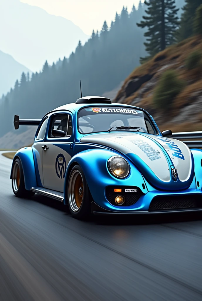 Blue and white Volkswagen Beetle with racing wheels and an aggressive rear diffuser