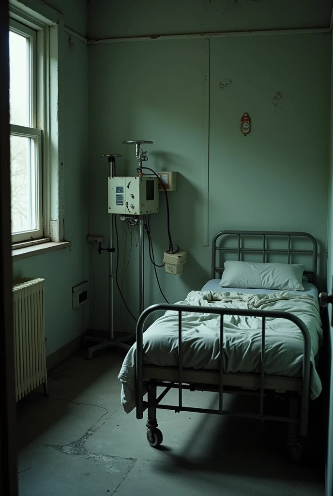 "A simple, poorly equipped hospital room with an old bed and minimal medical equipment. The room should look dimly lit, with a sense of neglect and lack of proper medical care."