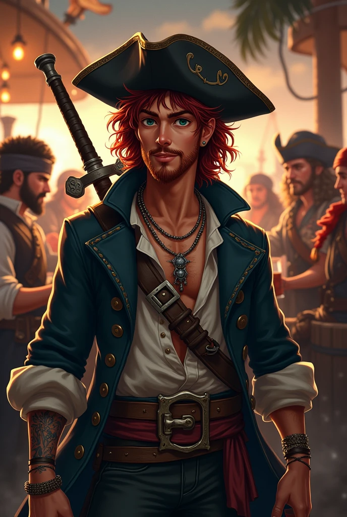 Generate the image of a pirate for a DnD campaign. A young pirate of 20 years old, he has long dark red curly hair, he has a really short beard. His eyes are emerald green, and has a small scar on the bridge of his nose. He’s wearing a pirate hat in black leather, a long dark trench coat, under the coat a soft shirt half open, with an old leather filet. On his back he has two swords. He’s wearing many bracelets and necklaces, he has many tattoo. He’s drinking and cheering at the pub with many other sailors, in the background a pirate harbor