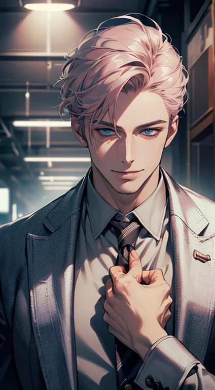 (best quality, masterpiece, 8K, photorealistic, cinematic lighting, hdr image, ultra detailed, beautiful image), a mature man, very handsome, smile, short grey pink hair, blue eyes, perfect face without errors, ((buttoning the jacket, CEO))