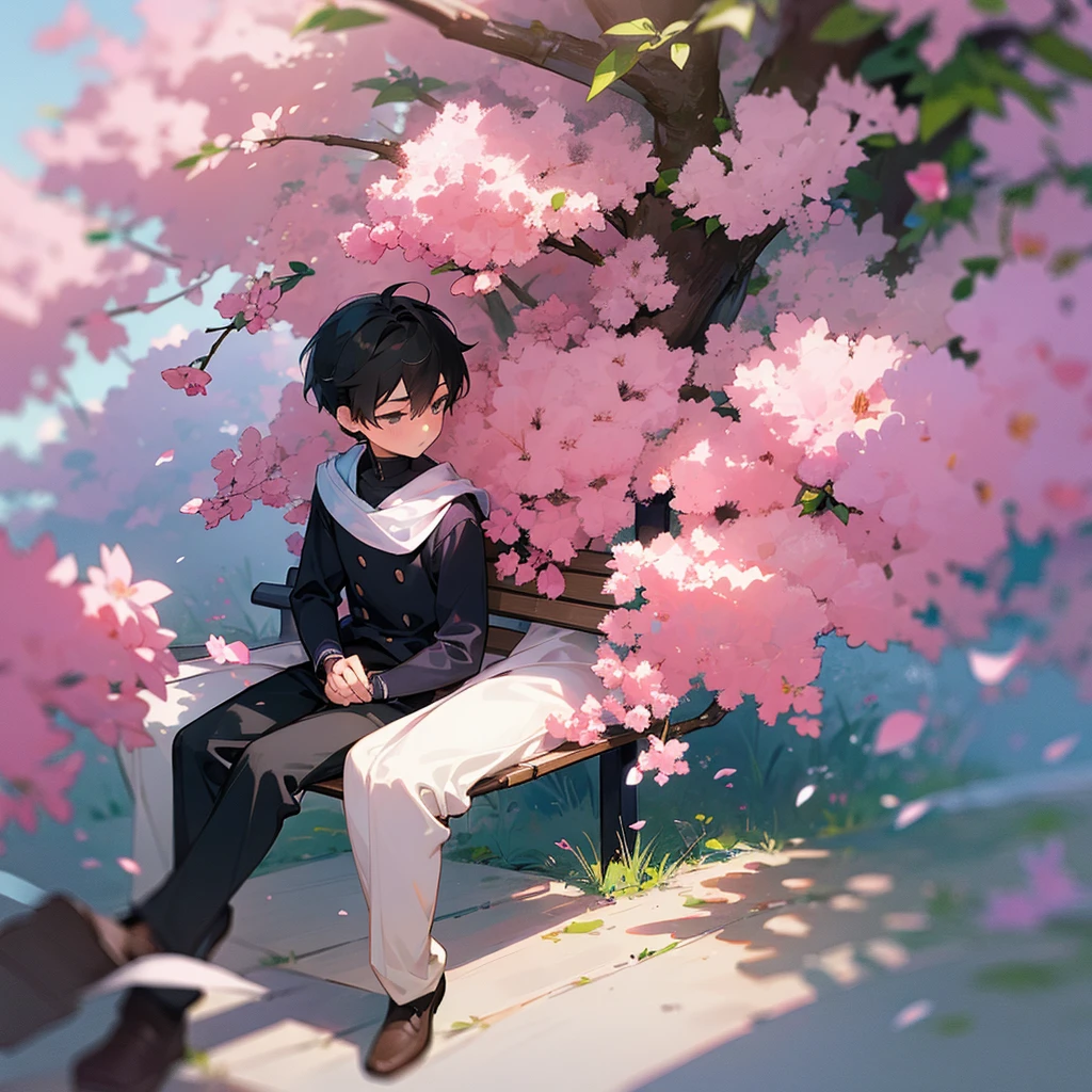 A boy sites a bench on a vally full blosmam pink flowers and 
 