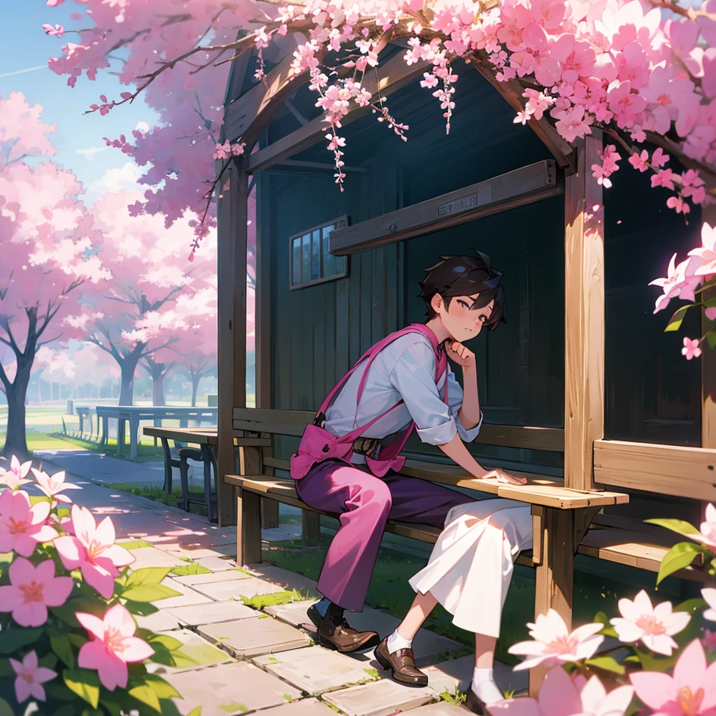 A boy sites a bench on a vally full blosmam pink flowers and 
 