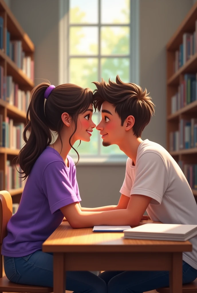 Create a boy and girl looking at eachother with smile. Seating in college library. Girl wears purple tshirt. Boy wears white tshirt. Create realistic.