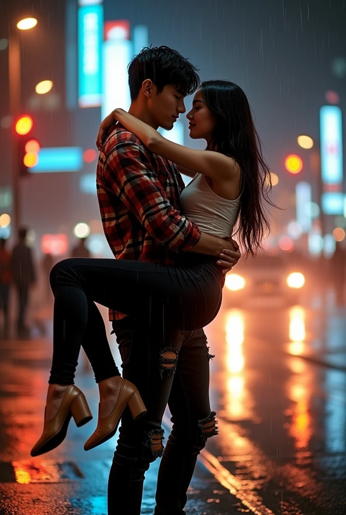A striking and highly detailed image of a young Korean couple. The man carries the woman with both hands and the woman hugs the man romantically on the side of a busy night street. ( romantic lift hug ) full body photo. They see the viewer. The men wear flannel shirts, ripped black jeans with casual shoes, while the women wear stylish tunics and fitted black pants with no shoes. The city lights and traffic lights illuminated the surroundings, emitting a warm and inviting glow. Dramatic scene. Dramatic light. Rainy conditions. The couple's expressions convey deep connection and passion, as they share intimate moments in a dynamic urban setting. 