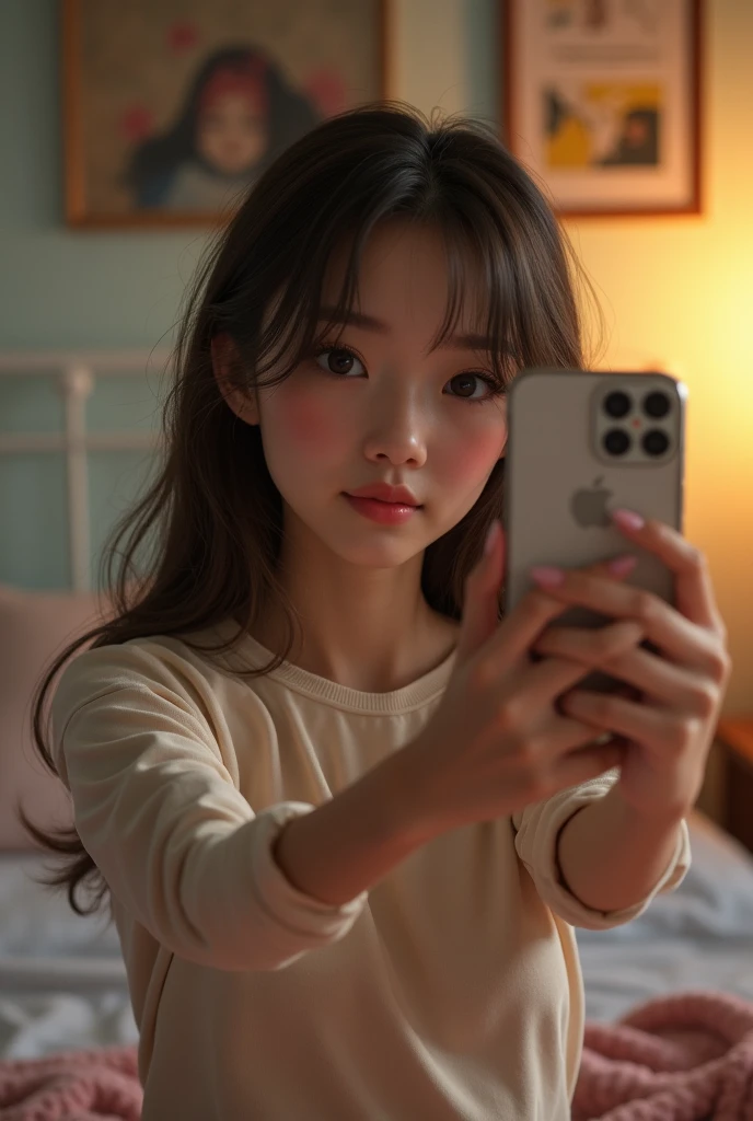 1girl, masterpiece, best quality, 8k, detailed skin texture, detailed cloth texture, beautiful detailed face, intricate details, ultra detailed, upper body, taking selfie in realistic teen bedroom
