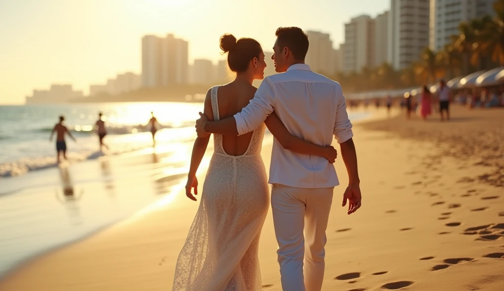 A married couple walks along Copacabana Beach in sunny weather, hugging each other with their backs to the camera, full body