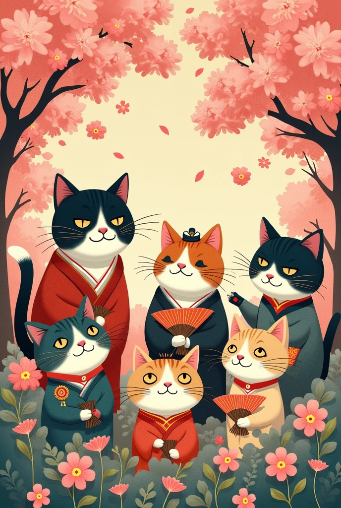 Retro Japanese cats sakuras poster