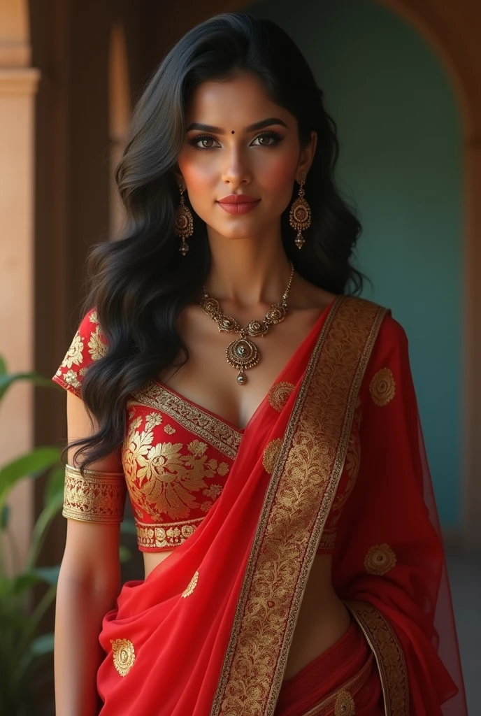 (photorealism:1.2), Indian woman wearing saree and blouse with large breast and cleavage visible