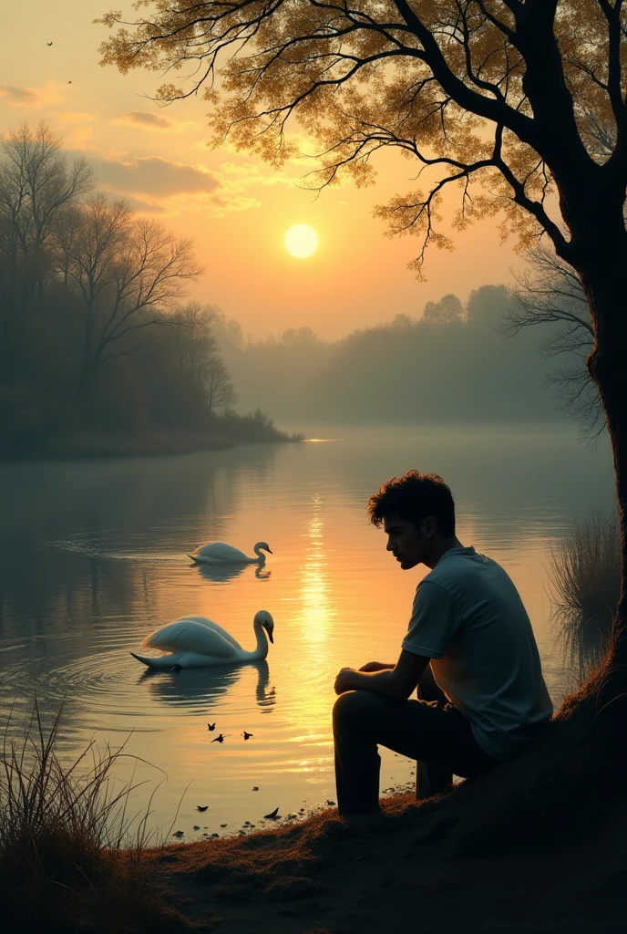 A guy sitting near the river side view looking sad in the sunset. Birds are returning to their house. Two swans are swimming, and the water is moving. Write "Durgashankar" in any of the corner like a signature 