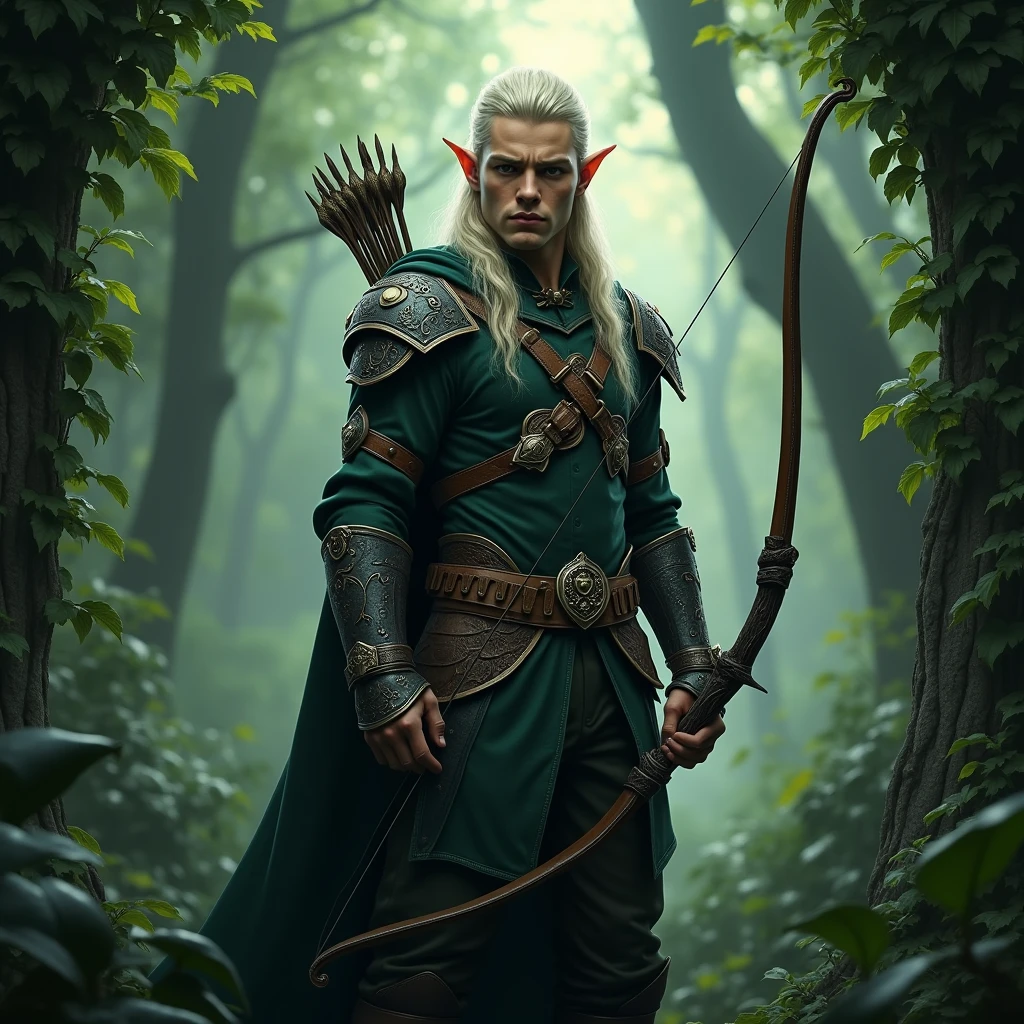 masterpiece, mystical, alluring, beautiful, otherworldly, knelling male elf ranger, in a forest, drawing a bow to fire, fancy leather elf armor, facing viewer, dense forest background, leaves a vines in foreground, enchanted forest background