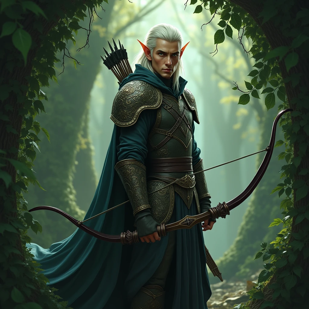 masterpiece, mystical, alluring, beautiful, otherworldly, knelling male elf ranger, in a forest, drawing a bow to fire, fancy leather elf armor, facing viewer, dense forest background, leaves a vines in foreground, enchanted forest background