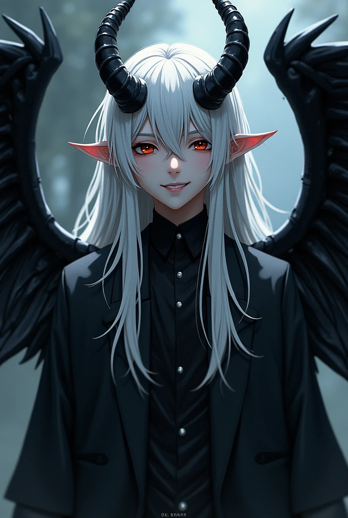 create an image of an 1 half demon male who looks very human and young but with small horns and large black wings with long white hair that evokes skeletons and has a sadistic smile and a dark anime style background with him looking at the camera