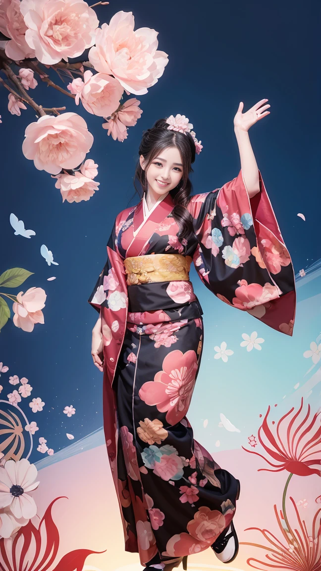 (SeaArt creates stunning illustrations of beautiful women in kimono)、Vividly colored Japanese Ukiyo-e style illustrations、A beautiful woman smiles and shows her upper white teeth、Brown-black long hair、Beautiful full body style、If you want to dance, let&#39;s dance, Tokyo Ondo, Yoi Yoi、Beautiful new digital paintings,、Bright vibrant digital anime art、 Beautiful anime portraits、background,Torii gate front of Japanese shrine、 Detailed digital anime art、